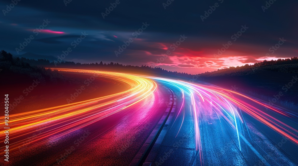 Abstract night road with colorful light trails.