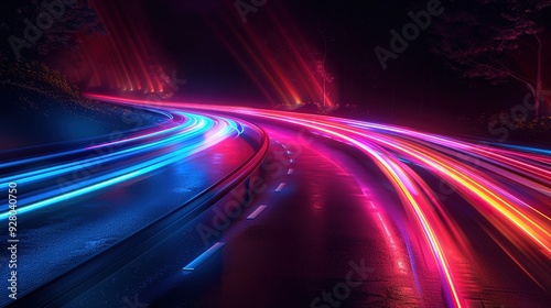 Abstract night road with neon light trails.