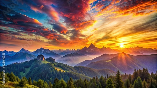 Sunset over majestic mountains with colorful sky , sunset, landscape, mountains, scenic, dusk, evening, twilight, beauty