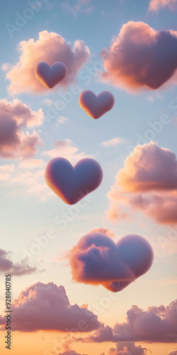 Whimsical heart-shaped clouds in pastel sunset