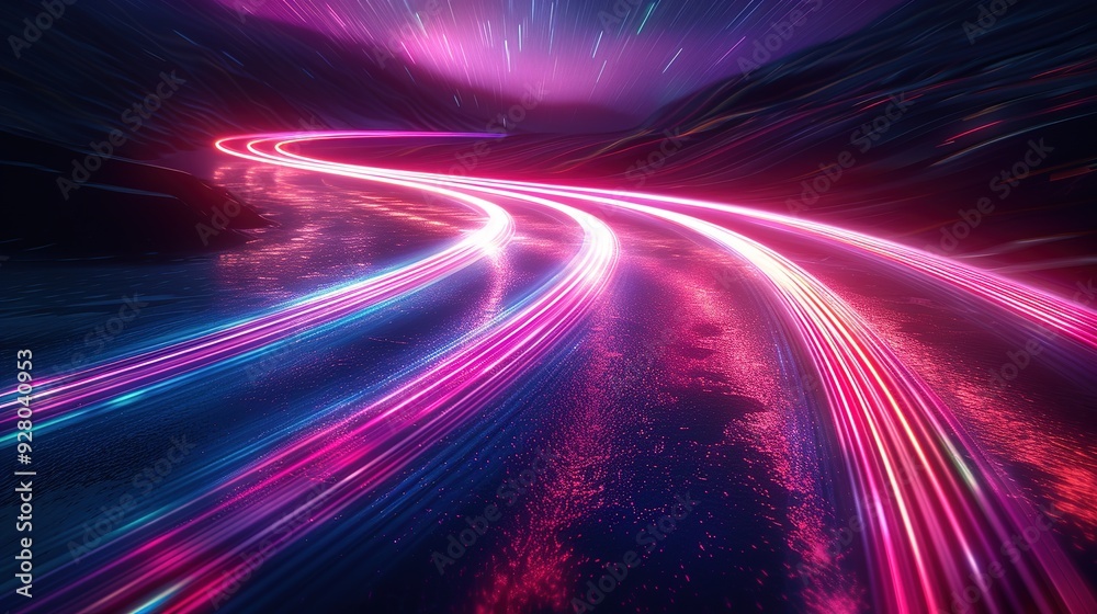 Obraz premium Abstract night scene with pink, blue, and white light trails, creating a sense of speed and motion.