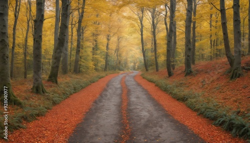 Golden autumn pathway through a tranquil forest at dawn with falling leaves