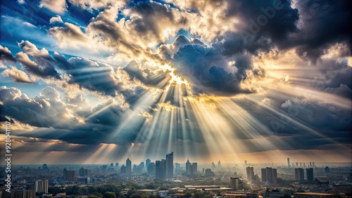 Sunbeam breaking through clouds over a cityscape, sunbeam, clouds, city, skyline, sunlight, rays, urban, buildings