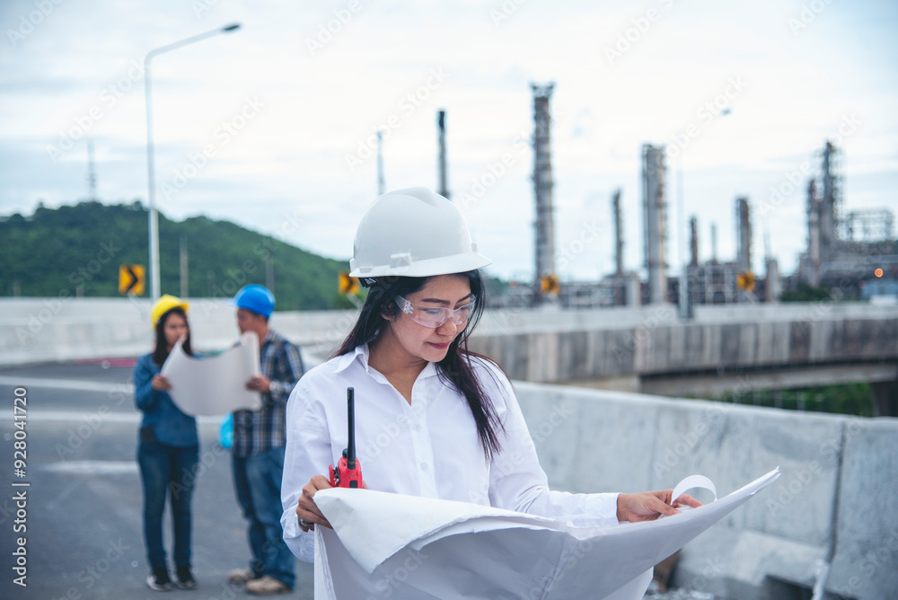 Two engineer women look at blueprint architecture building contractor designer teamwork. Engineer woman holding project planing partner teamwork. Two woman meeting together construction site Industry Two engineer women look at blueprint architecture building contractor designer teamwork. Engineer woman holding project planing partner teamwork. Two woman meeting together construction site Industry