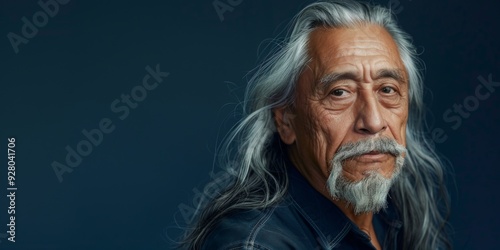 old man with long hair on dark background with copy space area