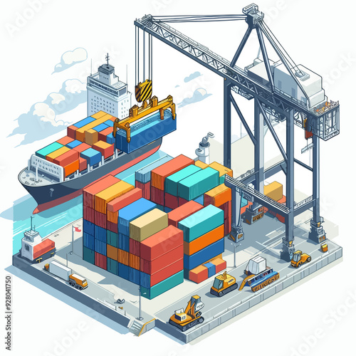 A large crane is lifting a container ship