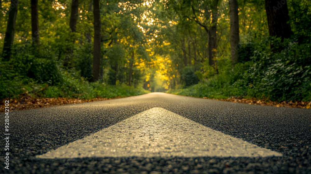 long, empty asphalt road stretches into the distance, with a prominent ...