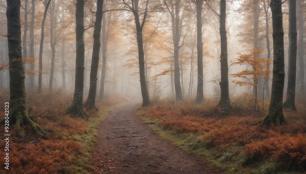 Misty autumn pathway through a serene forest covered in golden foliage Misty autumn pathway through a serene forest covered in golden foliage