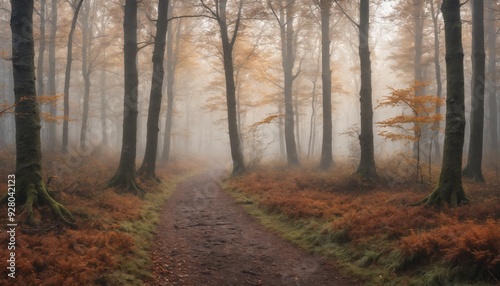 Misty autumn pathway through a serene forest covered in golden foliage