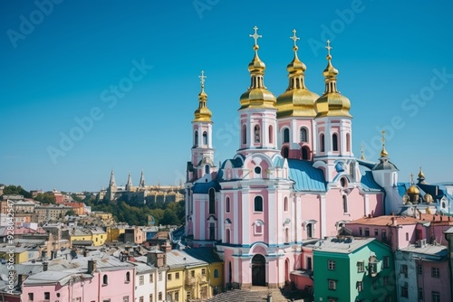 Golden Echoes Old Kiev Churches Under a Blue Sky in Green and Gold