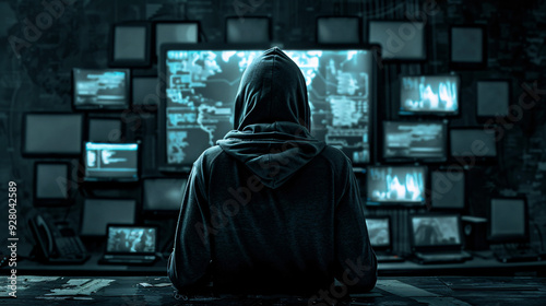 Anonymous Hacker in Dark Hoodie Surrounded by Computer Screens with Copy Space for Security Concept.