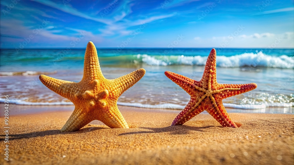 Two vibrant starfish laying on a sandy summer beach shore, starfish, beach, summer, ocean, marine life, seaside Two vibrant starfish laying on a sandy summer beach shore, starfish, beach, summer, ocean, marine life, seaside