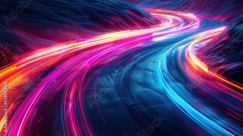 Abstract road with neon light trails.