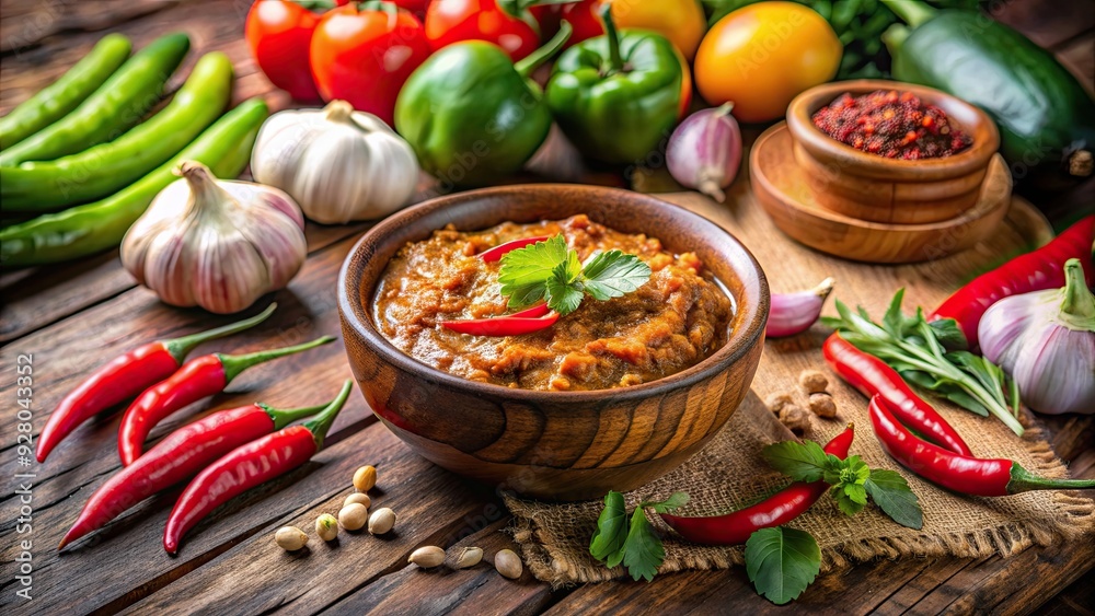 Traditional Northern Thai spicy meat and tomato dip with ingredients on a wooden table, Thailand, Thai food Traditional Northern Thai spicy meat and tomato dip with ingredients on a wooden table, Thailand, Thai food