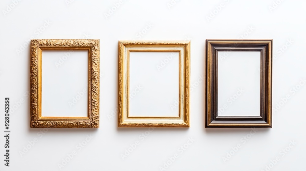 Three gold picture frames on white background Three gold picture frames on white background