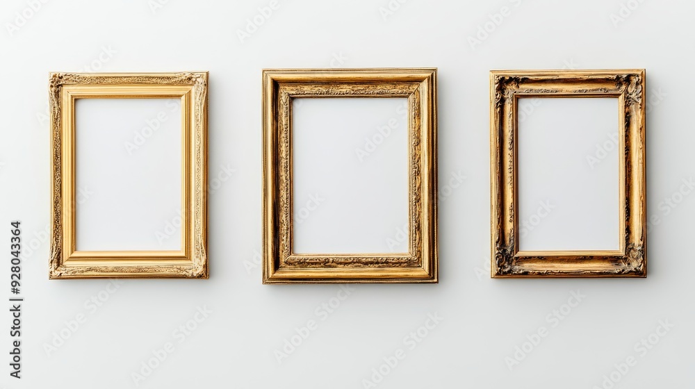 Three gold picture frames on white background Three gold picture frames on white background
