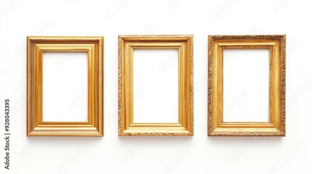 Three gold picture frames on white background Three gold picture frames on white background