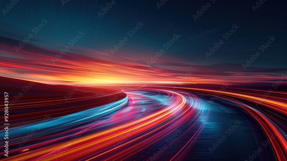 Abstract streaks of light in red, orange, and blue against a dark background. Abstract streaks of light in red, orange, and blue against a dark background.