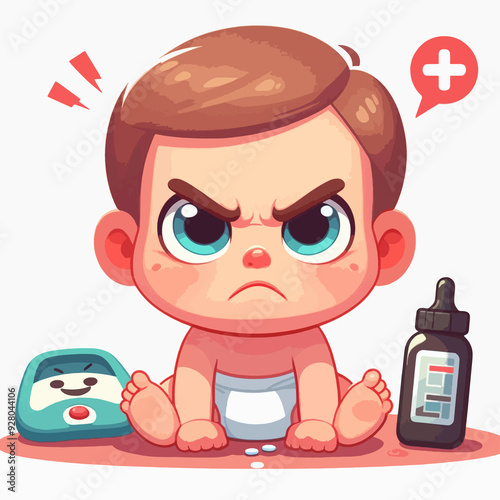 A cartoon baby is sitting on the floor with a bottle and a scale