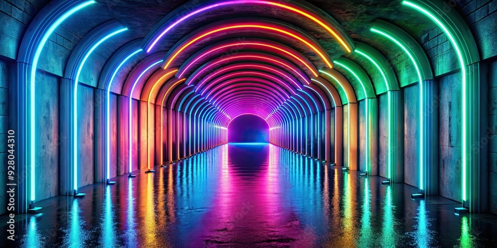 Multicolored neon lamps casting reflections on the dark tunnel walls , neon, colorful, lights, tunnel, dark, vibrant Multicolored neon lamps casting reflections on the dark tunnel walls , neon, colorful, lights, tunnel, dark, vibrant
