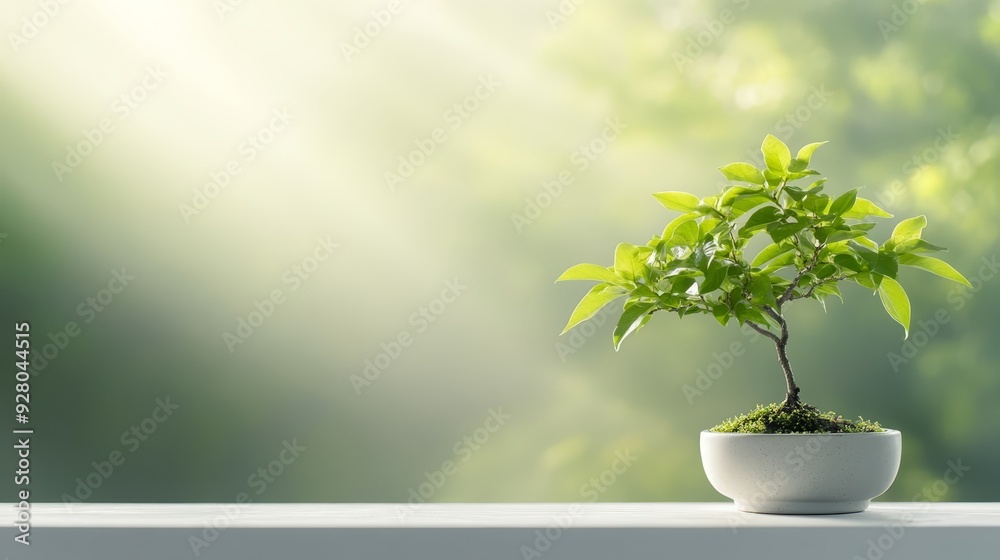Sunlit bonsai tree in white pot Sunlit bonsai tree in white pot