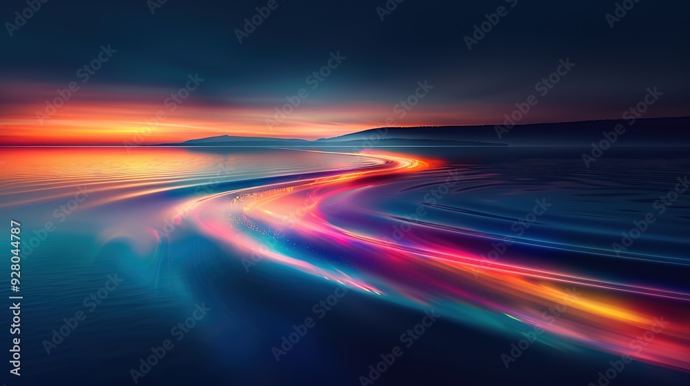 Abstract sunset over calm water with a glowing trail. Abstract sunset over calm water with a glowing trail.