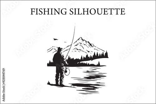 A silhouette of a men fishing vector illustration. Fisherman silhouette. fishing silhouette vector illustration.