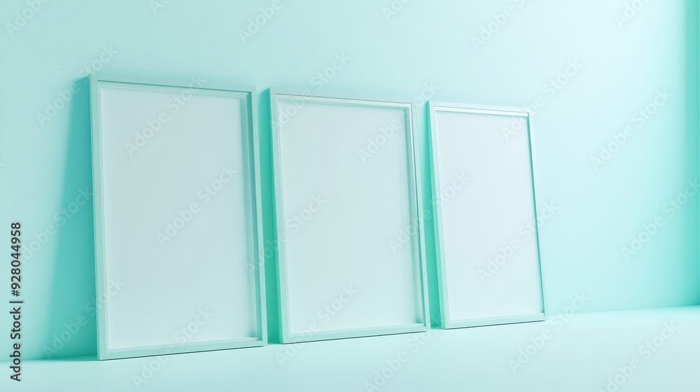 Three mint green picture frames on green background Three mint green picture frames on green background