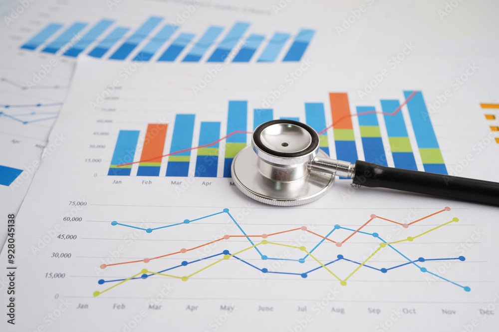 Obraz premium Stethoscope and US dollar banknotes on chart or graph paper, Financial, account, statistics and business data medical health concept.