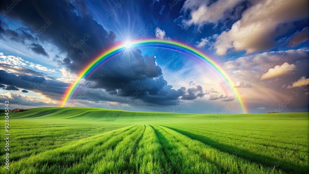 Green field with a vibrant rainbow stretching across the sky, meadow, countryside, nature, colorful, summer, countryside Green field with a vibrant rainbow stretching across the sky, meadow, countryside, nature, colorful, summer, countryside