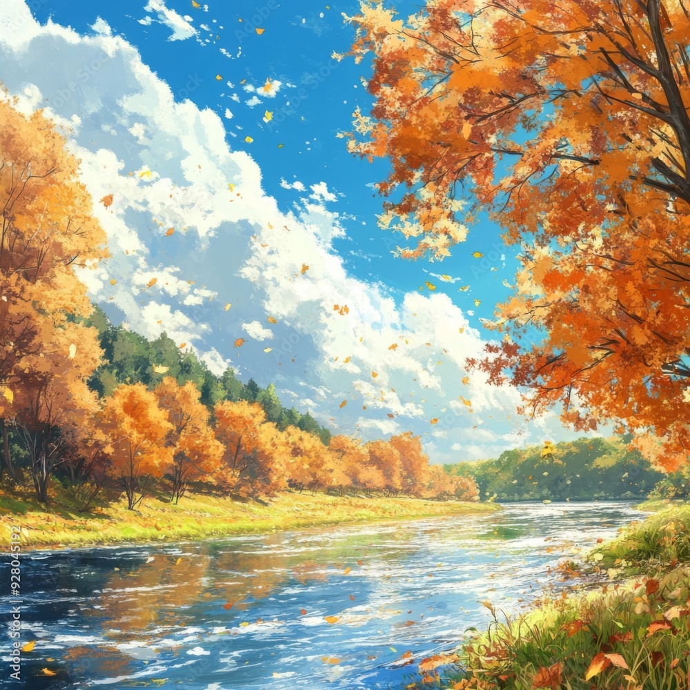 Naklejka premium Autumn's Enchanted Riverbank: Anime-Style Idyll Amidst a Canvas of Vibrant Fall Hues for Seasonal Marketing and Travel Posters,anime-style,illustration,Picture BooksFor Poster,Novel,UI,WEB,Game,Design