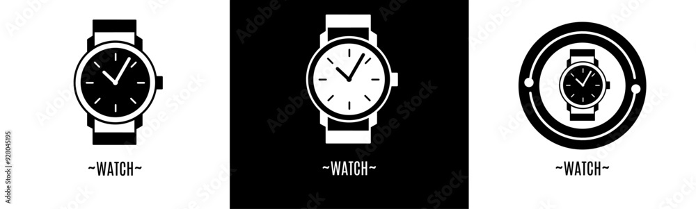 Watch logo set. Collection of black and white logos. Stock vector.