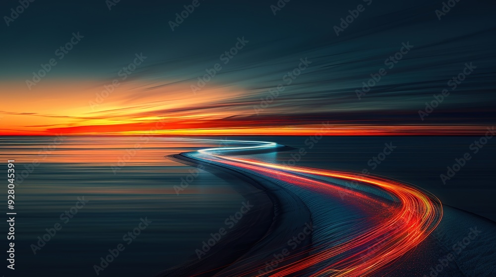 Abstract sunset with light trails on water. Abstract sunset with light trails on water.