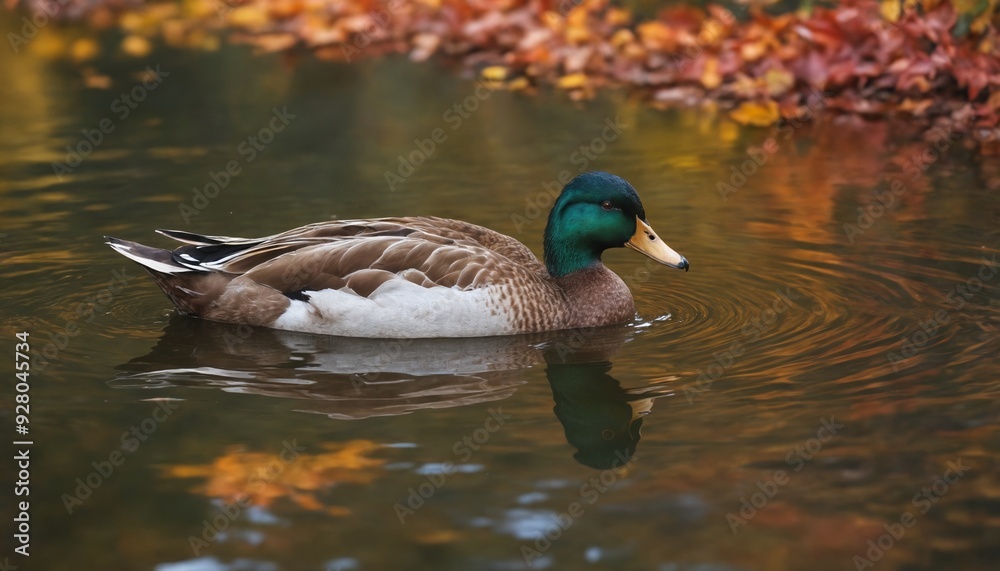 Obraz premium Majestic mallard duck gliding through colorful autumn leaves reflected in serene pond