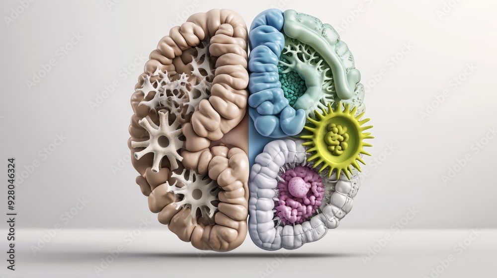 Naklejka premium Intricate 3D illustration of a brain divided into four sections, showcasing various textures and colors for scientific visualization.