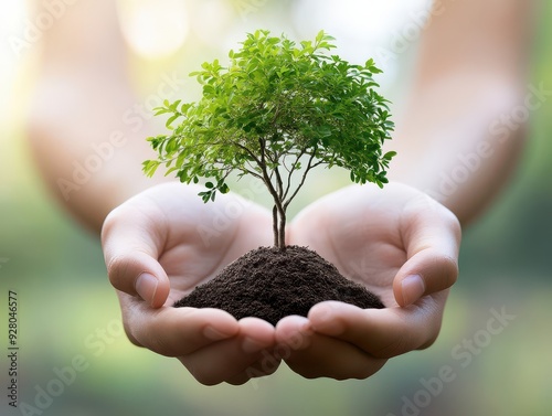 Hands holding soil with a young green tree, symbolizing growth, environmental conservation, and the importance of nature.