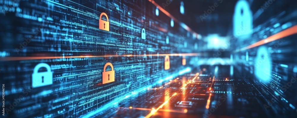 Abstract digital background with glowing lock icons. Abstract digital background with glowing lock icons.
