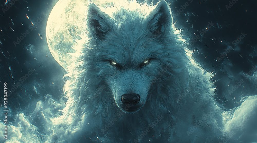 white wolf in the night with fullmoon use for background white wolf in the night with fullmoon use for background