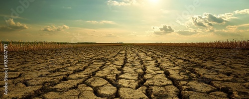 Dry cracked earth field under a cloudy sky. photo