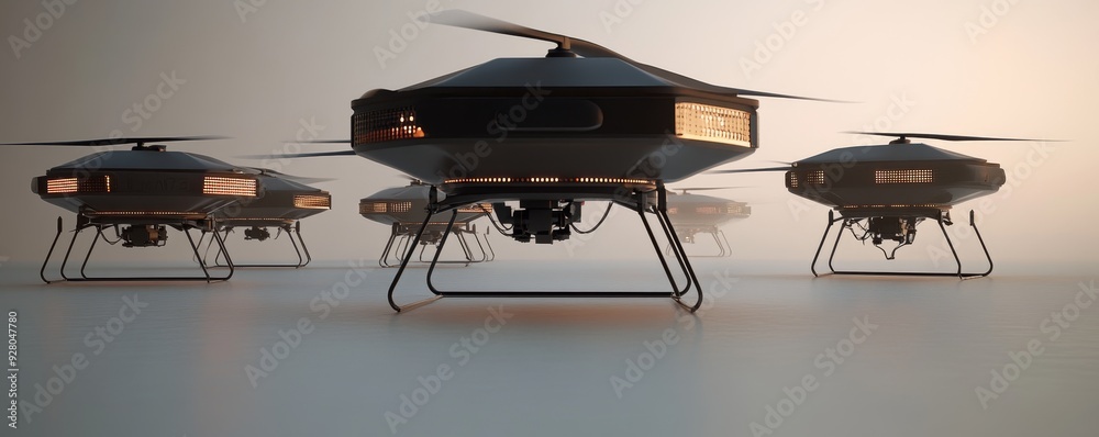 Three futuristic drones on a runway, ready for takeoff. Three futuristic drones on a runway, ready for takeoff.