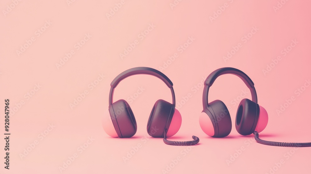 Two pairs of black headphones with pink accents on a pink background. Minimalist, modern, and stylish. Two pairs of black headphones with pink accents on a pink background. Minimalist, modern, and stylish.