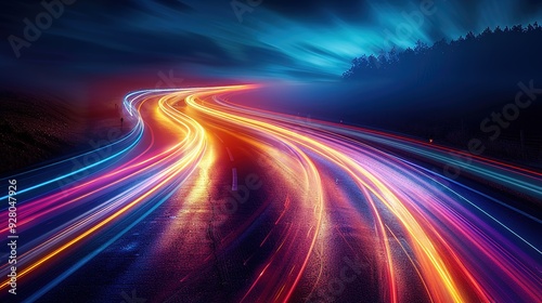 Colorful light trails on a winding road at night.