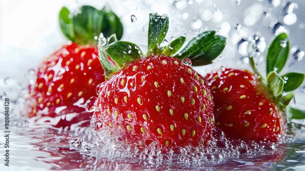Fresh strawberries splashing in water, showcasing vibrant color and refreshing appeal, perfect for culinary and health visuals. Fresh strawberries splashing in water, showcasing vibrant color and refreshing appeal, perfect for culinary and health visuals.