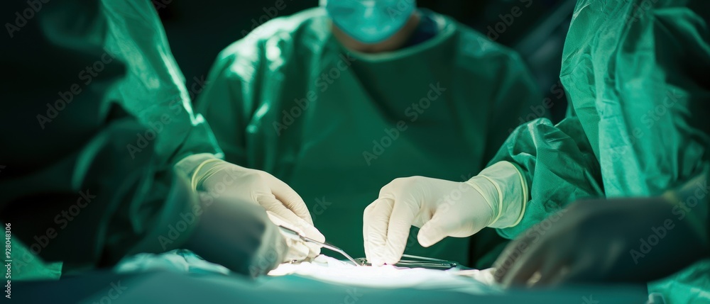 Medical professionals performing a surgical procedure with precision and care in a sterile environment. Medical professionals performing a surgical procedure with precision and care in a sterile environment.