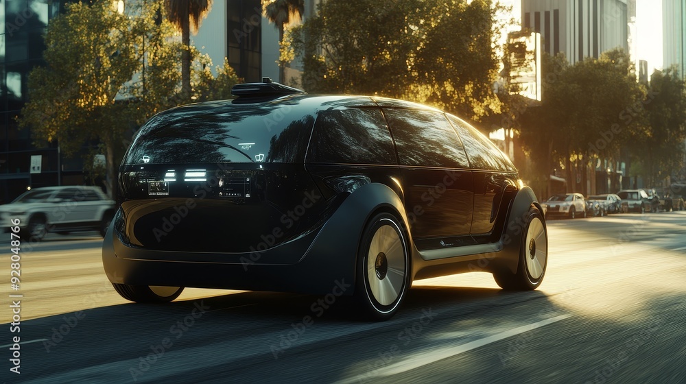 Fototapeta premium A futuristic black car drives down a city street at sunset. The car has large wheels and a sleek design.