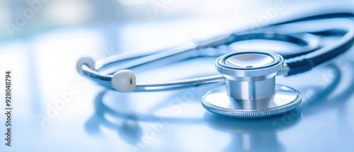 This close-up image features a stethoscope on a reflective surface, symbolizing health and medical care in a clinical setting.