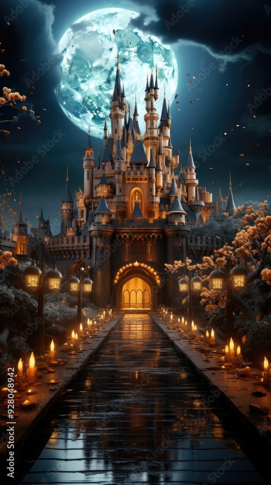 Fototapeta premium Halloween night moon composition with glowing pumpkins vintage castle and bats flying over cemetery flat 