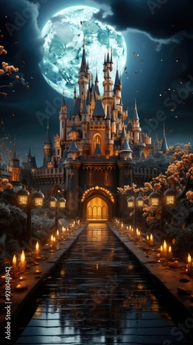 Halloween night moon composition with glowing pumpkins vintage castle and bats flying over cemetery flat