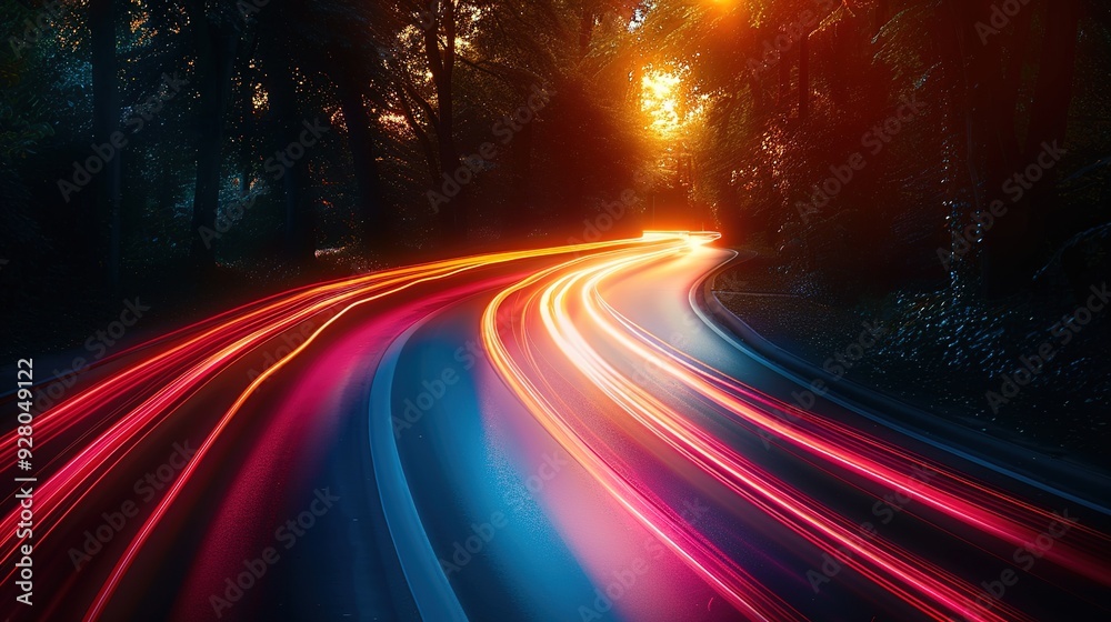 Red and yellow light trails on a winding road at night. Red and yellow light trails on a winding road at night.