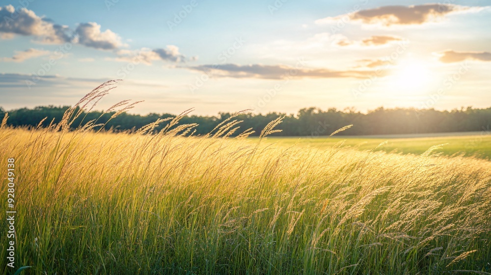 Fototapeta premium Serene Grassland Vista with Swaying Tall Grasses and Distant Trees - Nature Landscape Scene with Copy Space